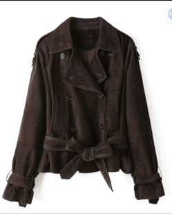 长袖 腰带束腰显瘦外穿上衣修身 反绒皮真皮短款 时尚 皮衣 外套 新款