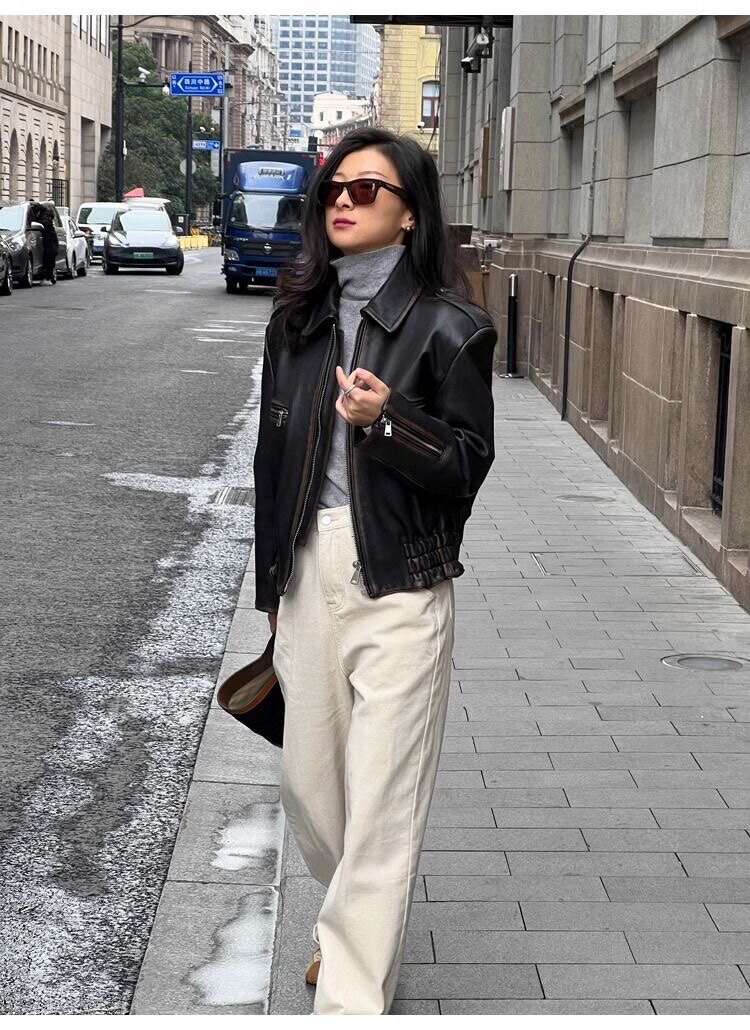 海宁绵羊皮美式女复古机车皮衣2026春季新款上衣擦色做旧真皮夹克