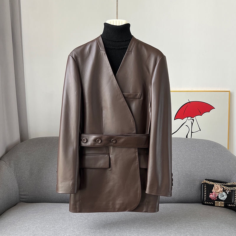 韩版高级海宁真皮皮衣女进口中长款西装v领休闲春秋腰带西服外套