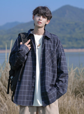 edge studio 边缘工作室秋季百搭复古长袖格子翻领宽松衬衫外套男