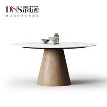 实木岩板圆餐桌带转盘原木奶油风设计师家用圆形德利丰岩板圆桌