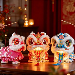 国风醒狮灯笼手工毛绒LED发光春节装饰传统工艺挂件