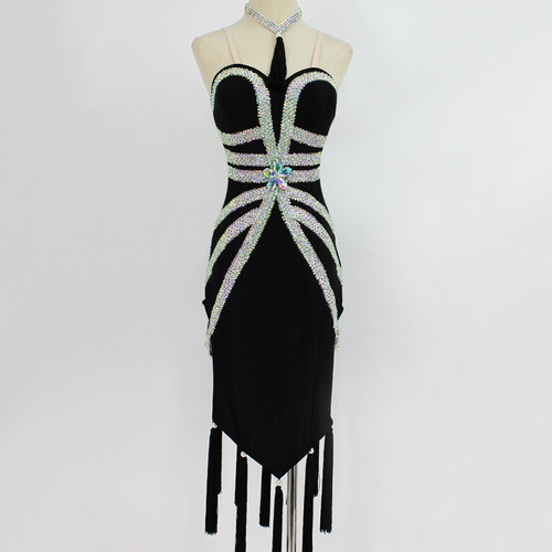 新款拉丁舞裙 成人拉丁舞比赛服肩带漏背儿童拉丁舞演出表演服K79