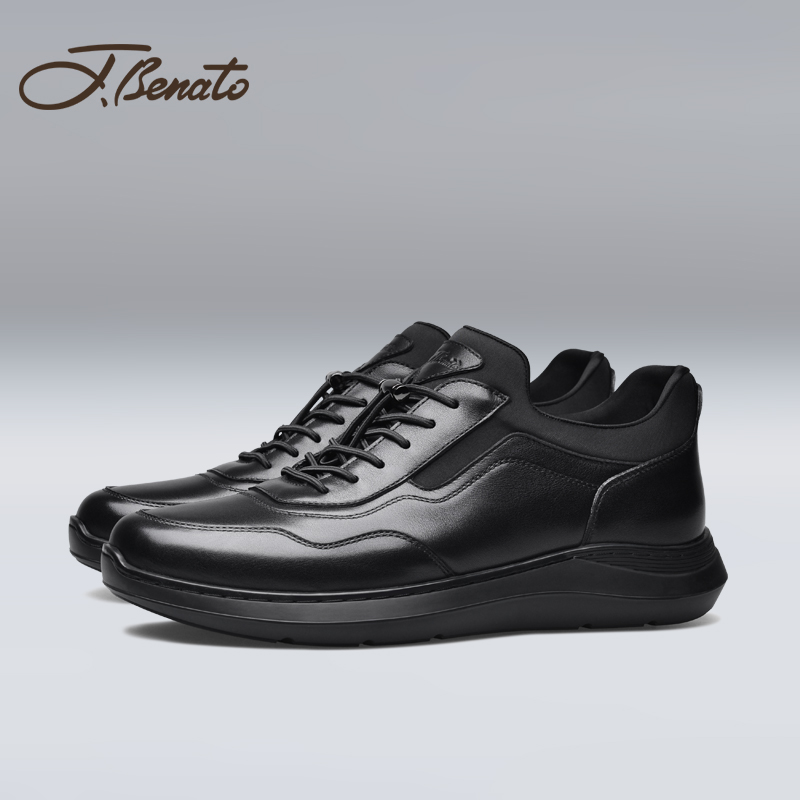 宾度简约头层牛皮黑色休闲皮鞋