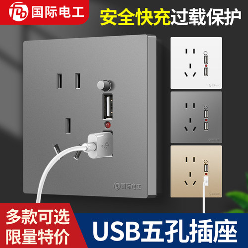 国际电工五孔带双usb插座86型