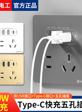 国际电工86型20W快充USB插座开关面板墙壁手机充电Type-c家用五孔
