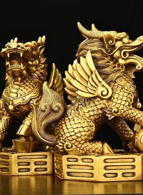 全铜工艺品中式家居麒麟摆件一对