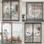 中式 山水窗格磨砂静电玻璃门贴膜梅兰竹菊客厅书房隔断推拉门贴画