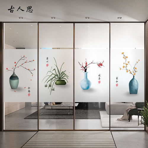 磨砂客厅玻璃贴膜隔断中式