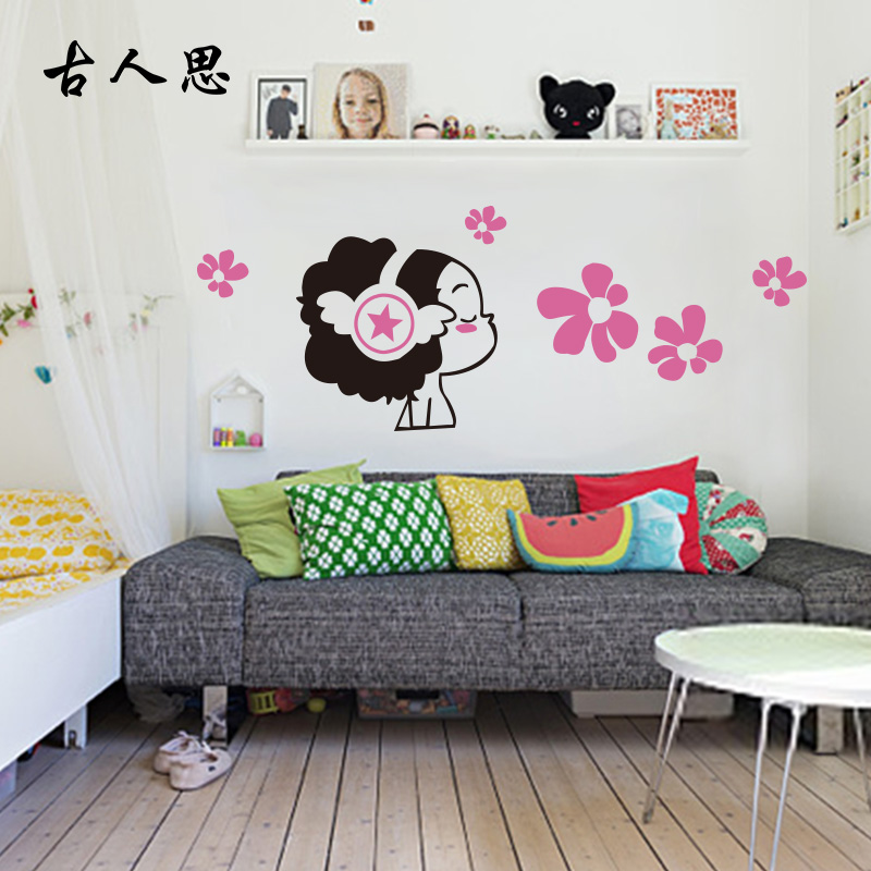 听歌娃娃女孩墙贴 卡通音乐女孩卧室床头儿童房背景墙贴纸 创意贴