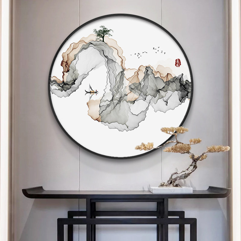 新中式禅意抽象意境水墨山水线条圆形装饰画圆框中国风茶室挂画