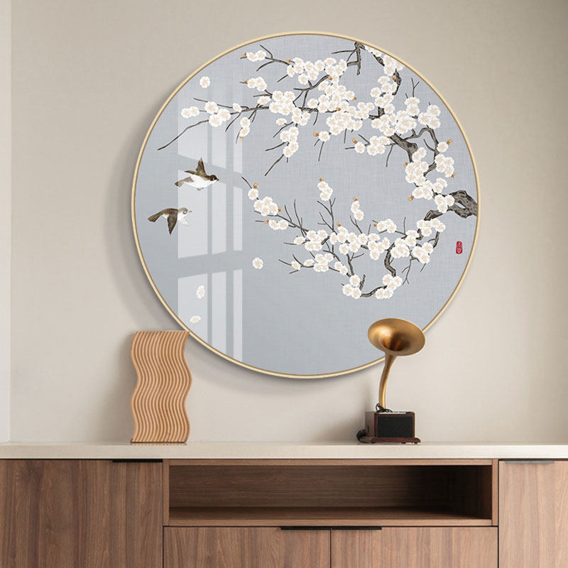 喜上眉梢新中式花鸟禅意玄关装饰画餐厅书房卧室挂画实木圆框画