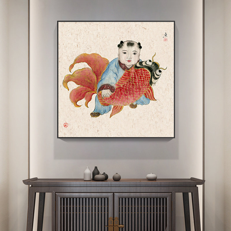 新中式玄关装饰画年年有余正方形背景墙客厅壁画吉祥喜庆富贵画年