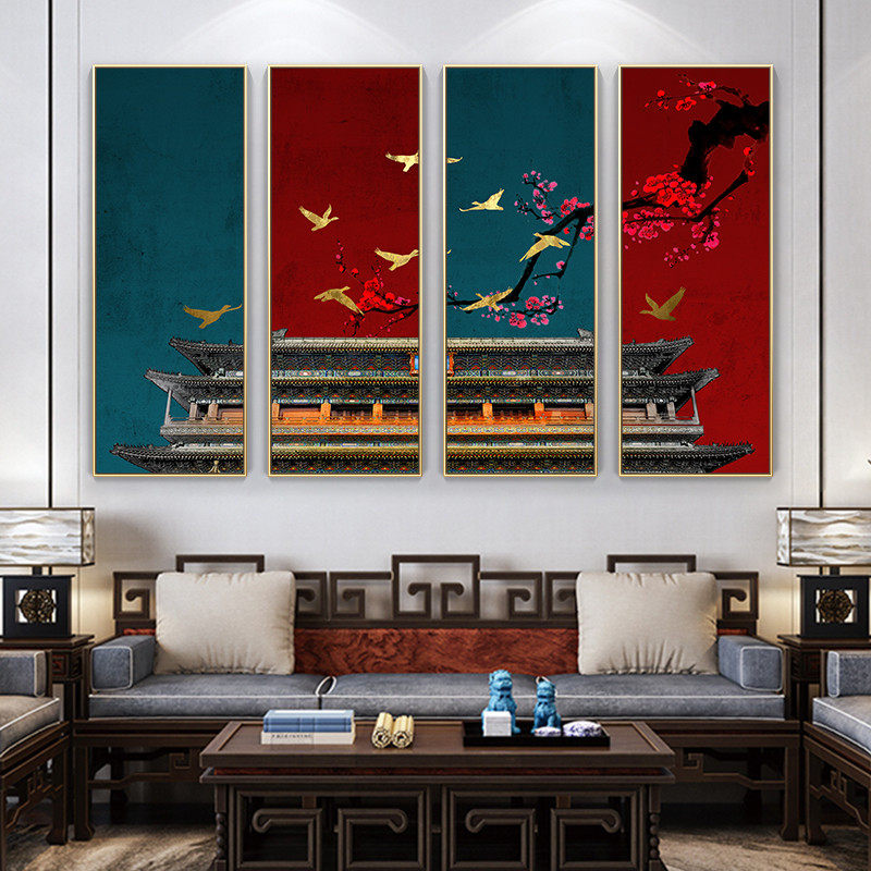 新中式客厅装饰画古风故宫古建筑双联壁画墙中国风组合挂画中堂画