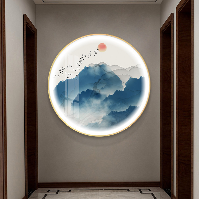 新中式入户玄关带灯装饰画圆形禅意背景墙客厅进门水墨山水画壁画