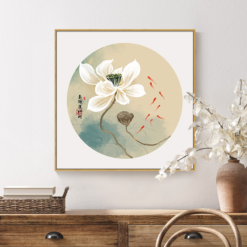 新中式玄关入户装饰画水墨荷花方形挂画客厅茶室书房禅意莲花壁画