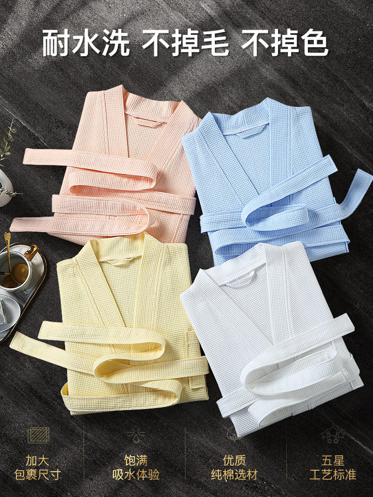 Customized bathrobes with embroidered logos for men and women in summer, long pure cotton waffles for beauty salons and hotels, thin adult bathrobes thumbnail 6