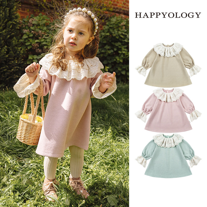Happyology英国儿童春秋装新款绣花裙子针织大翻领女童童装连衣裙