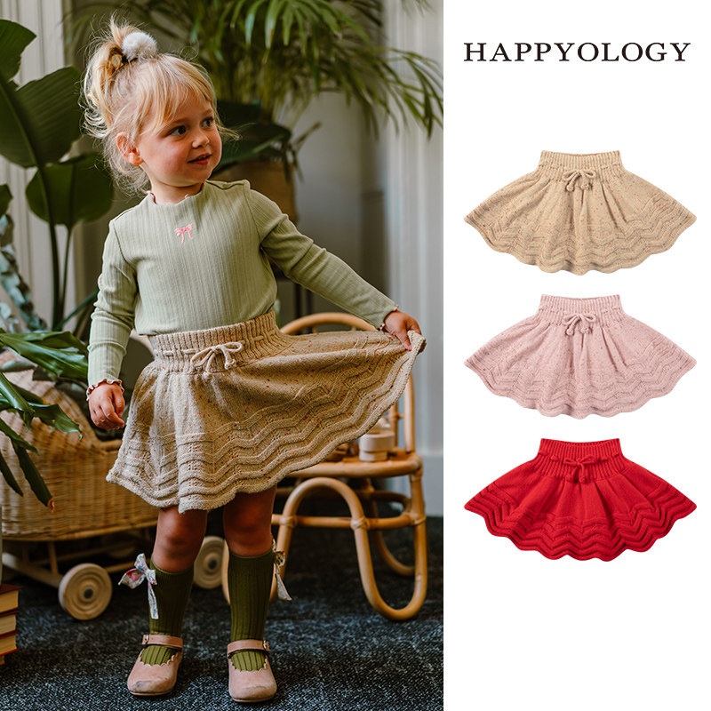Happyology英国儿童秋冬装新年裙子裤装女童半身裙波浪边毛纱裙裤