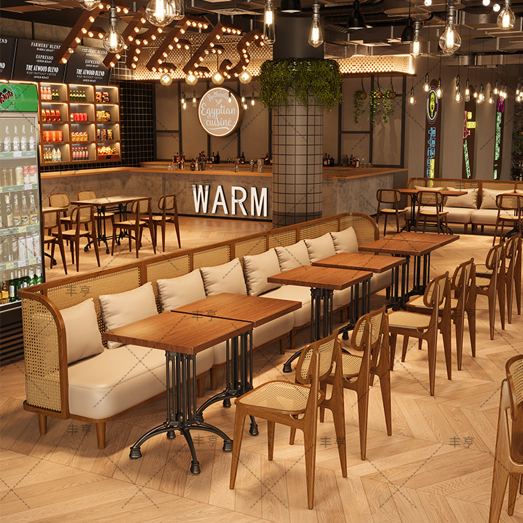 复古餐厅沙发卡座餐饮店藤编实木饭店日料烤肉串串火锅店桌椅组合