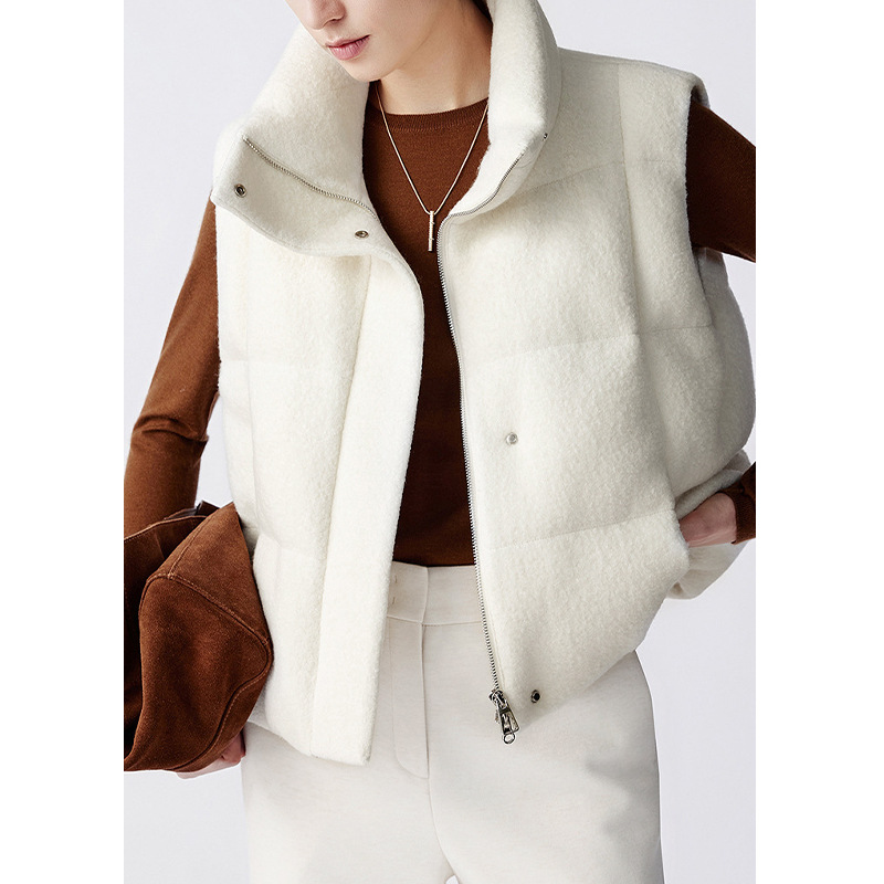 【朗*定单】2025秋冬新款纯羊毛简约立领白色白鸭绒羽绒短马甲女