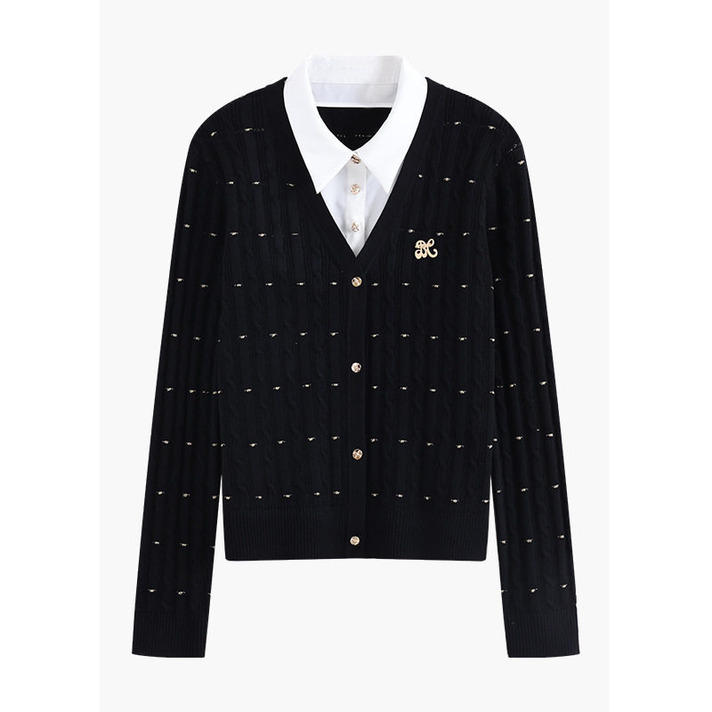 假两件翻领长袖撞色针织衫女2025秋冬新款设计感亮丝时尚百搭上衣,女装/女士精品,毛针织衫,淘宝优惠券,粉丝福利购,淘宝优惠卷