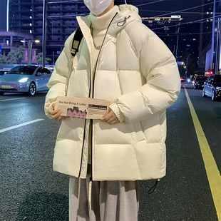 WASSUP白色羽绒服男士秋冬季加绒加厚防风外套青少年宽松面包棉服