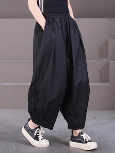 纯棉薄款女裤2024新款加大码女士高端阔腿哈伦灯笼裤女夏季裤子