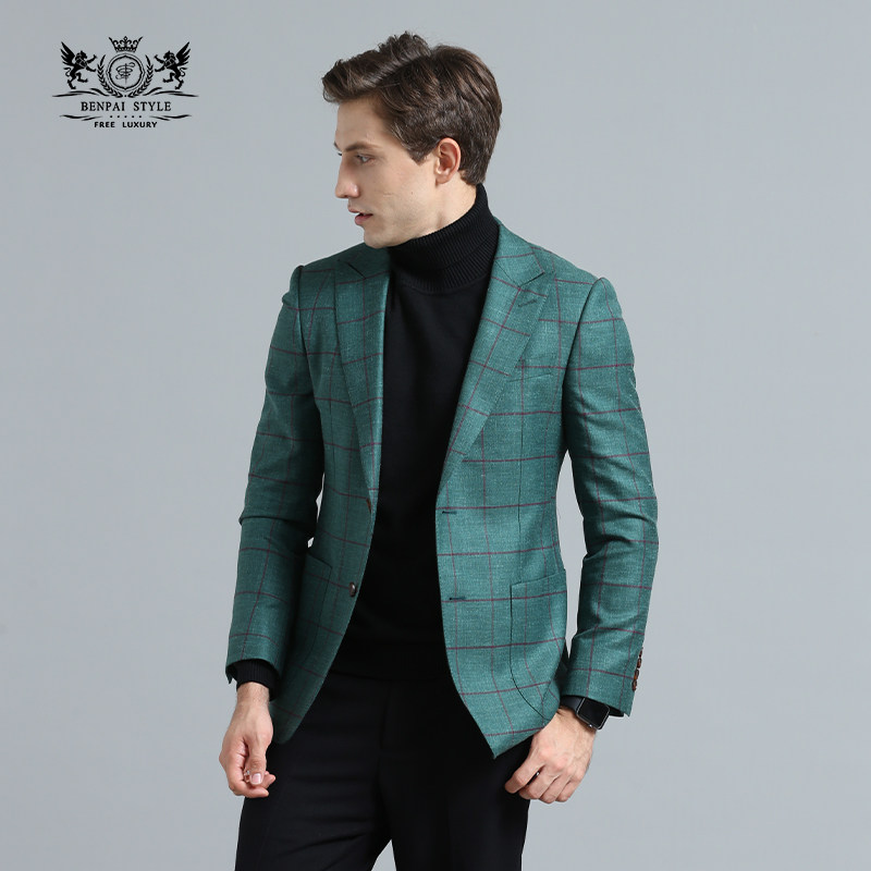 本派意大利格子西服男2026春秋新款单西英伦修身休闲羊毛西装外套