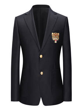 本派时尚修身金扣黑色法兰绒面料手工虎头刺绣潮西服上衣男