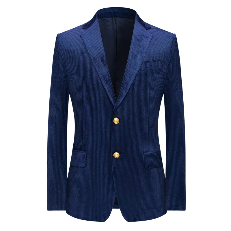 本派高档休闲西装男新款蓝色丝绒宽条灯芯绒意大利手工布雷泽西服