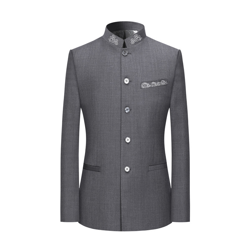 本派benpai 纯羊毛面料中华立领传统经典中山装男西服灰色套装