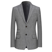 意式 本派羊毛西装 外套男新款 复古灰色人字纹毛呢休闲雅痞西服定制