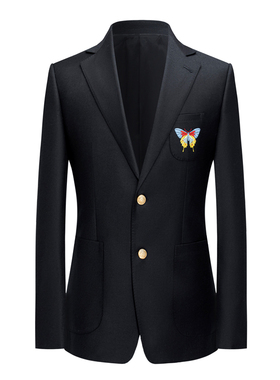 本派时尚修身金扣黑色法兰绒面料手工蝴蝶刺绣潮休闲西服上衣男