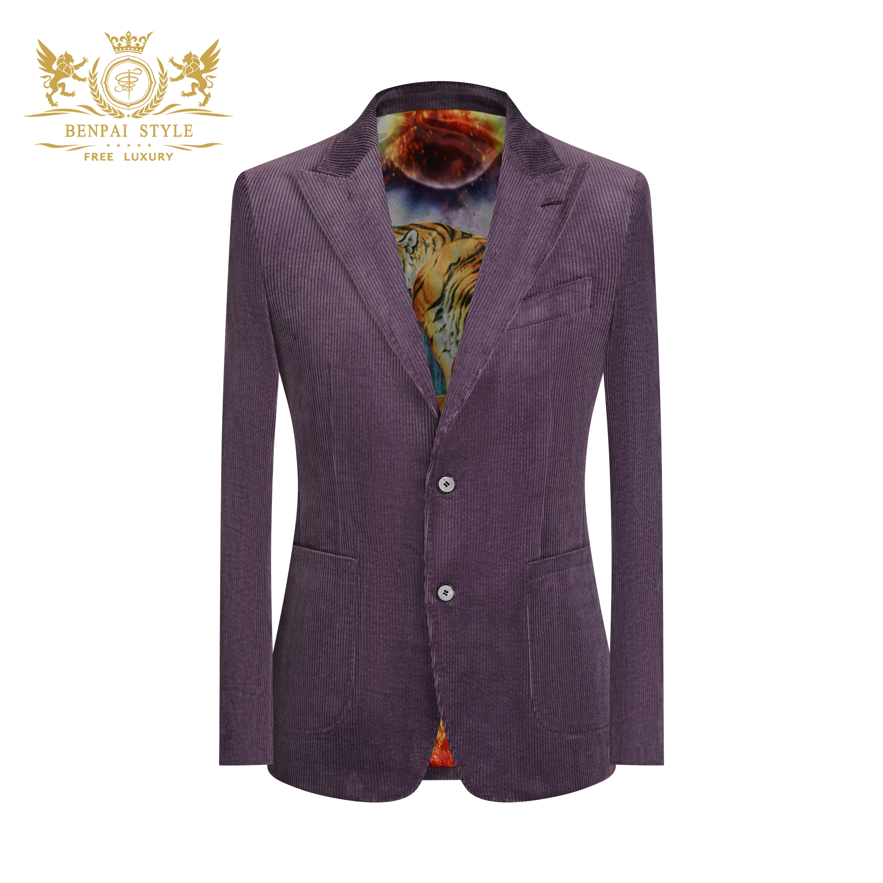 本派高档灯芯绒西装外套男秋季新款意大利风格戗驳领紫色休闲西服