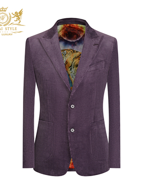 本派高档灯芯绒西装外套男秋季新款意大利风格戗驳领紫色休闲西服