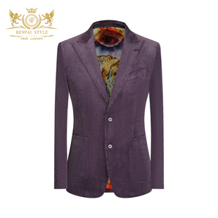 意大利风格 新款 戗驳领紫色休闲西服 外套男秋季 本派高档灯芯绒西装