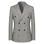 复古灰色人字纹双排扣戗驳领男士 新款 西服 外套男秋季 本派羊毛西装