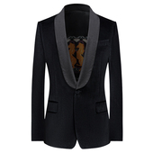 本派青果领黑色西装 新郎结婚西服 男天鹅绒西服主持人礼服宴会西装