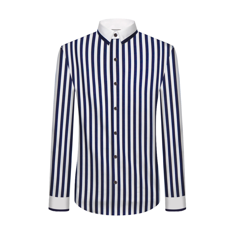 本派纯棉商务休闲藏青色宽条纹编织撞色领时尚修身咖啡色男衬衫潮