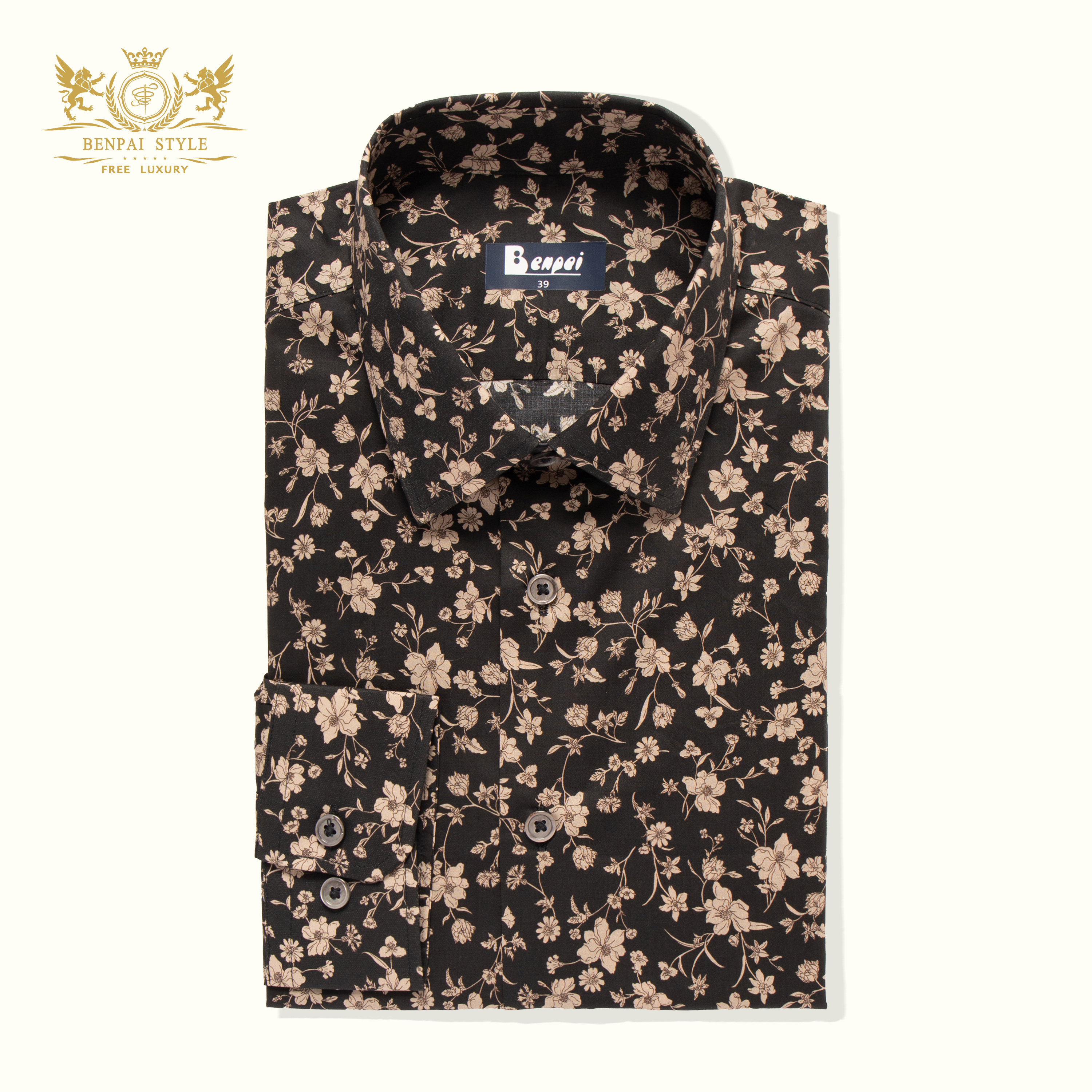 本派男士衬衫暗曜花棕色26春夏新品高端棉休闲个性小碎花长袖衬衣