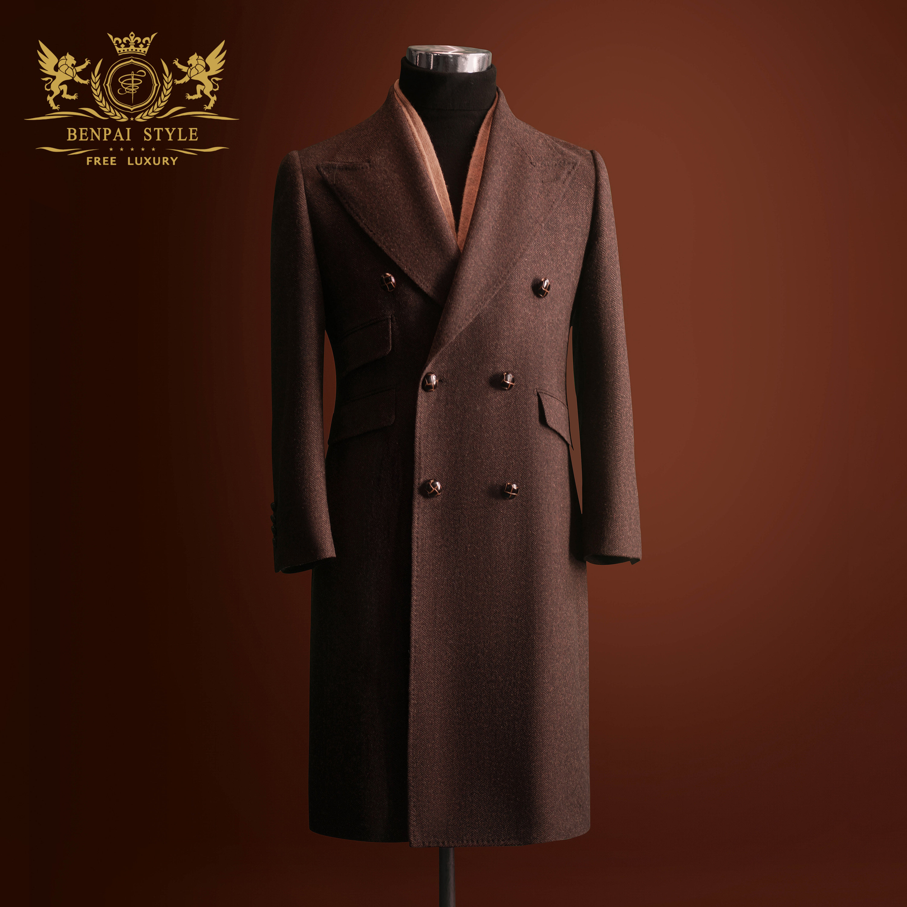 本派男士大衣高级感英伦风粗花呢棕色羊毛人字纹长款双排扣呢大衣,男装,毛呢大衣,淘宝优惠券,粉丝福利购,淘宝优惠卷