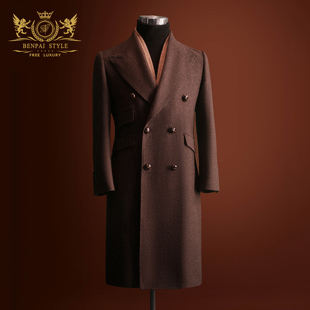 本派男士大衣高级感英伦风粗花呢棕色羊毛人字纹长款双排扣呢大衣