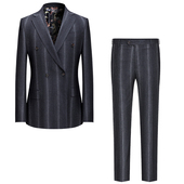 男套装 秋冬新款 英伦风双排扣渐变条纹纯羊毛西服修身 本派西装 正装