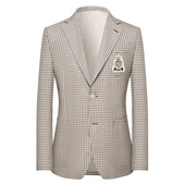 本派西装 外套男新款 英伦米白色格纹羊毛徽章休闲西服新郎结婚西服