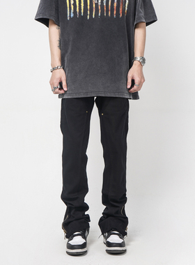 Z POCKET美式高街黑色直筒宽松微喇叭裤子工装裤潮牌男款夏季长裤