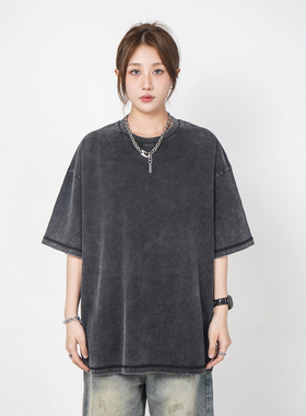 Z POCKET美式休闲宽松高街纯色水洗做旧复古短袖T恤vintage男女