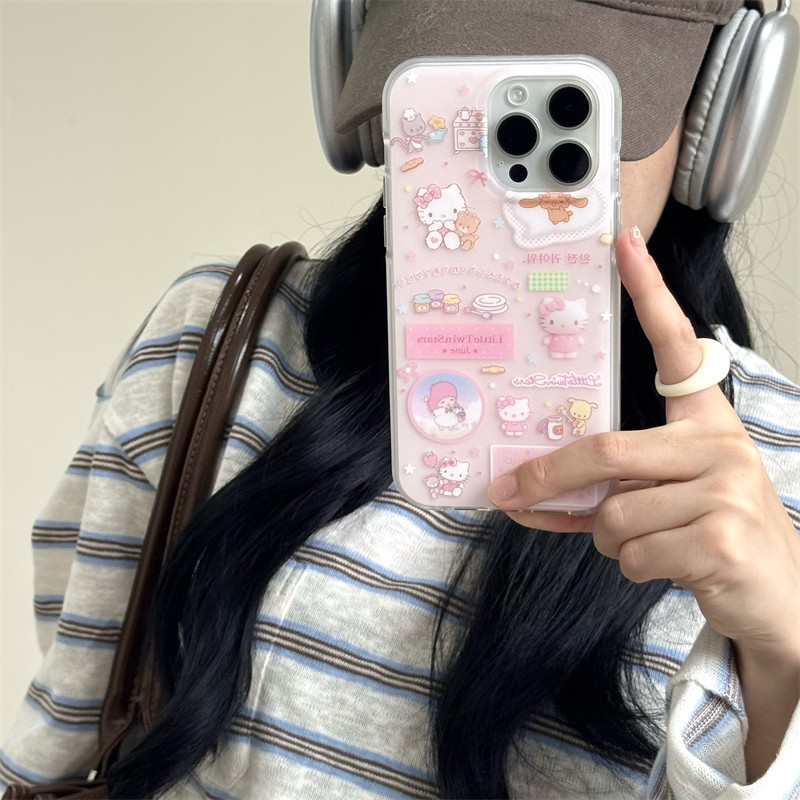 韩国ins超可爱少女心粉色双子星猫咪甜品蛋糕贴纸16promax适用iphone15pro圆边磨砂14手机壳苹果13防摔卡通女