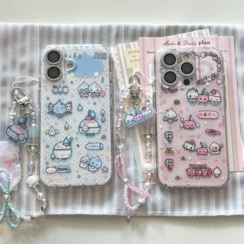 日韩ins可爱少女心情侣款小水滴插画吊坠手链16promax适用iphone15pro圆边双层粉蓝波点14手机壳苹果13防摔女