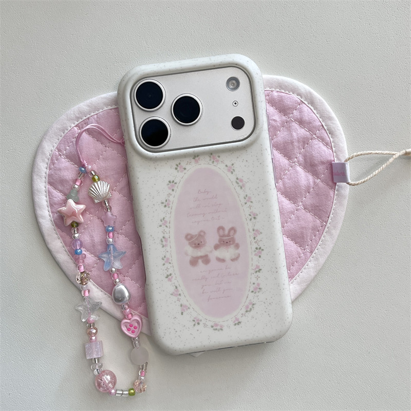 春日ins小清新氛围感少女心粉色一圈碎花小熊玩偶手链17promax适用iphone16pro圆边双层磨砂14苹果15硬壳13